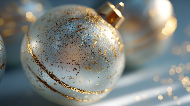 Close-up of frosted glass bauble with shimmering golden glitter details Sharp reflections define its smooth surface while subtle