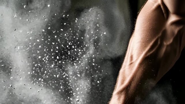 Sweat glistens as hands grasp heavy dumbbells, muscles tensing with each lift. Dust swirls in the air, capturing the passion of strength training at a dimly lit gym