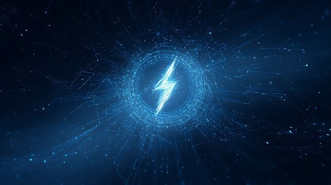 Futuristic electric power and lightning bolt symbol in digital blue light. Fast charging and high-speed technology concept.