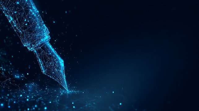 Futuristic fountain pen nib made of glowing digital wireframe. Electronic signature and smart contract concept with copy space.