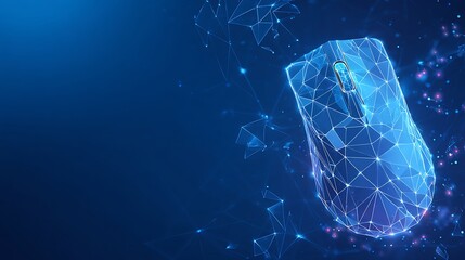Futuristic computer mouse made of glowing wireframe mesh. Digital web navigation and technology interface concept with copy space.