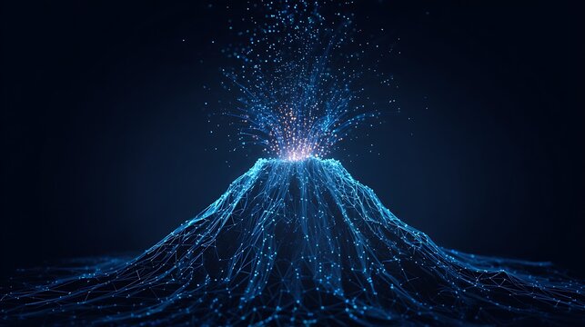 Futuristic data volcano made of low poly wireframe erupting abstract information particles. Technology breakthrough concept.