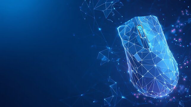 Futuristic computer mouse made of glowing wireframe mesh. Digital web navigation and technology interface concept with copy space.