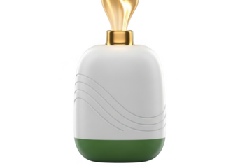 Elegant white and green perfume bottle with gold accent isolated on transparent background