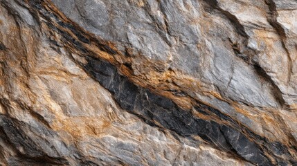 Close-up of polished stone surface with embedded mineral veins forming natural abstract patterns Directional lighting emphasizes color contrast