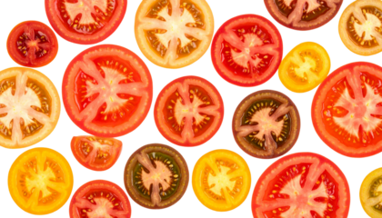 Scattered Pattern of Colorful Heirloom Tomato Slices Isolated on Transparent Background