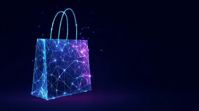 Futuristic shopping bag icon made of glowing plexus network. Concept of e-commerce, digital retail, and secure online transaction.