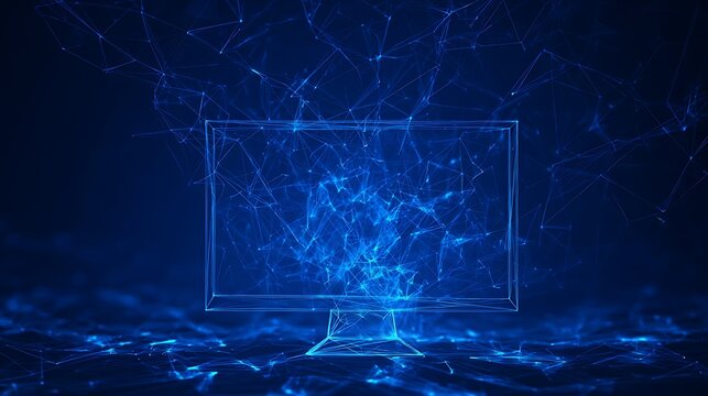 Futuristic computer monitor with abstract glowing data network inside. Concept of virtual reality interface and digital system.