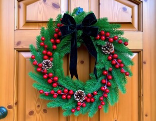 Beautiful Christmas Wreath with Berries and Pinecones Decor