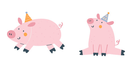 Cute pink pigs wearing birthday party hats in playful poses. Whimsical flat-style farm animal illustration perfect for kids’ designs, nursery decor, birthday themes, and fun clipart projects.