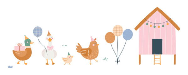 Cute farm birds—duck, goose, chick, and hen—wear party hats and carry gifts and balloons on their way to a decorated pink coop. Soft pastel birthday illustration perfect for kids’ designs. © simplelooklet