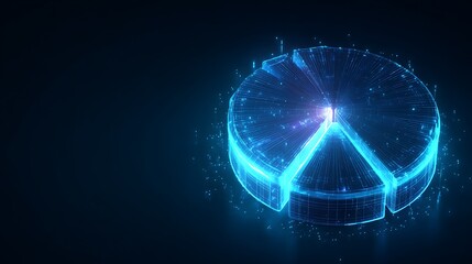 Futuristic 3D pie chart made of glowing wireframe mesh. Concept of market data segmentation and financial allocation analysis.