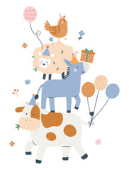 Cute farm animals stacked in a playful birthday scene—cow, donkey, sheep, and chicken with balloons, gifts, and party hats in soft pastel colors. Perfect for kids’ designs and celebrations.