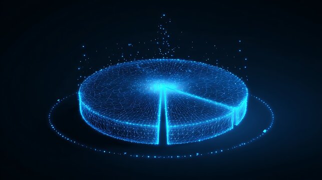 Futuristic 3D pie chart made of glowing particle cloud. Concept of market data segmentation and financial allocation analysis.