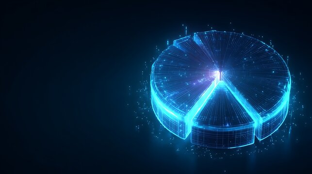 Futuristic 3D pie chart made of glowing wireframe mesh. Concept of market data segmentation and financial allocation analysis.