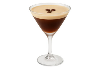 Espresso martini cocktail presenting coffee beans on creamy foam, a dark alcoholic beverage for social events, transparent background