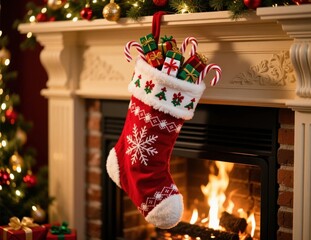 Cozy Christmas Stocking Filled with Gifts and Candy Canes