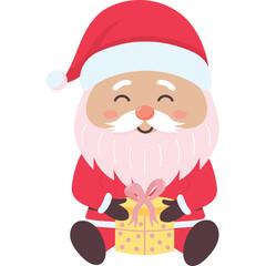 Joyful Cartoon Santa Claus Sitting with a Yellow Present Tied with a Pink Ribbon wearing a Red Suit and Hat with a White Pom Pom