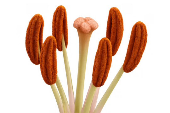 Flower anatomy showing pistil and pollen-rich stamens for plant sexual reproduction biology, transparent background