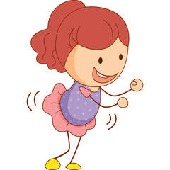 Joyful cartoon girl with red hair and pink skirt dancing happily in a playful pose with a purple polka dot top and yellow shoes