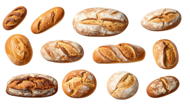 Scattered Pattern of Assorted Artisan Sourdough Bread Loaves Isolated on Transparent Background