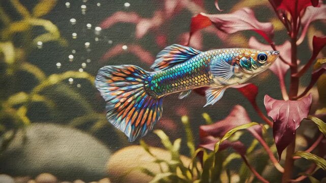 Colorful fish swimming in aquarium with plants and bubbles