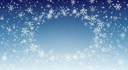 Falling snowflakes on a blue gradient background, creating a winter wonderland effect with a central empty space for text