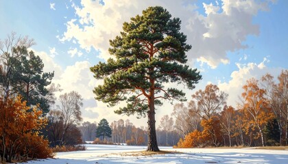 Serene winter landscape featuring a majestic pine tree under a cloudy sky with snow