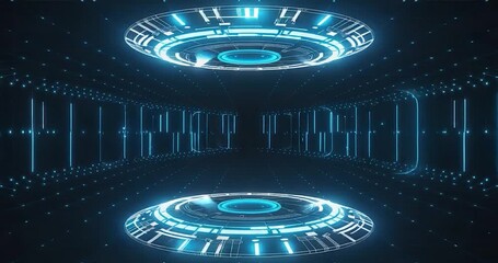 Futuristic sci-fi digital interface with glowing blue holographic rings inside a virtual tunnel, advanced technology background ideal for AI, cybersecurity, data networks, virtual reality and innovati - Powered by Adobe