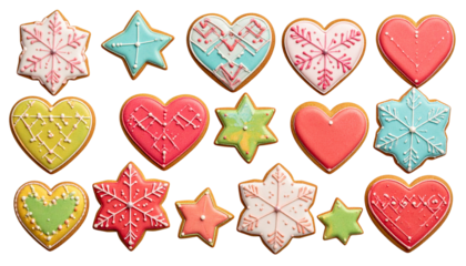 Scattered Pattern of Gingerbread Hearts and Snowflakes with Colorful Icing Isolated