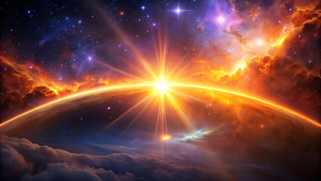 Spectacular cosmic sunrise over a planet, with a brilliant starburst illuminating the atmosphere and nebulae, evoking wonder and the vastness of space