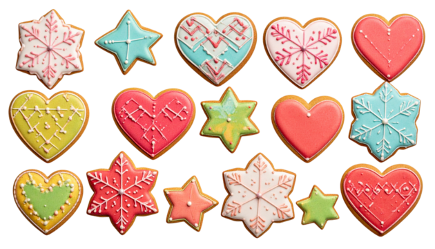 Scattered Pattern of Gingerbread Hearts and Snowflakes with Colorful Icing Isolated