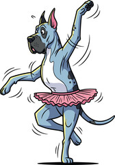 Great Dane ballerina illustration, cartoon dog in pink tutu, funny animal artwork, ballet dance pose, whimsical pet design vector