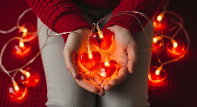 Hands Holding Heart Shaped Lights, Valentine's Day Romance, Love Celebration, Warm Glow - Powered by Adobe