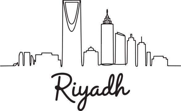 Single continuous line drawing of Riyadh skyline illustration for modern cityscape and travel design