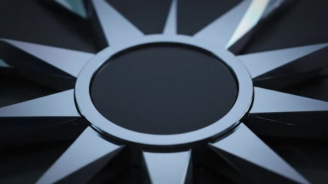 Abstract star-shaped geometric pattern with a central dark circle, rendered in a metallic, glossy finish, suggesting a sense of precision and modern design