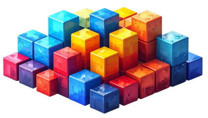 Isometric Stack of Colorful 3D Cubes or Blocks Isolated on Transparent Background