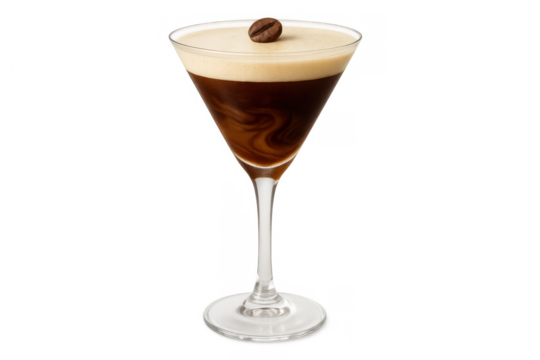 Espresso coffee martini drink in a cocktail glass with foam and coffee bean garnish, transparent background