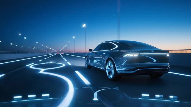 futuristic autonomous vehicle navigating a smart city highway at night, showcasing advanced technology and connectivity for future mobility