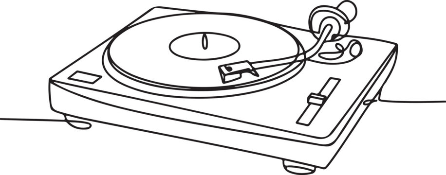 Continuous line art illustration of vintage turntable with tonearm using soft sketch contour