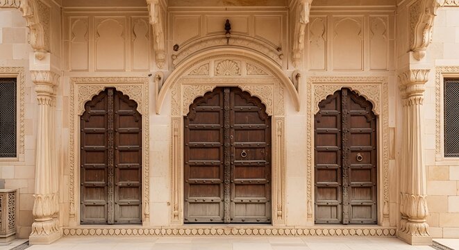 Ancient Wooden Doors of a Historic Indian Palace. - Powered by Adobe