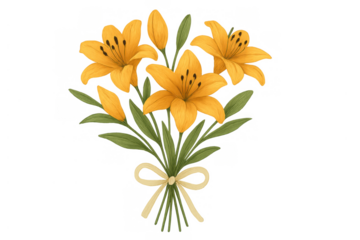 Yellow lily bouquet tied with a ribbon, springtime watercolor illustration for floral design and greeting cards