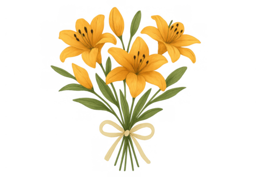 Yellow lily bouquet tied with a ribbon, springtime watercolor illustration for floral design and greeting cards