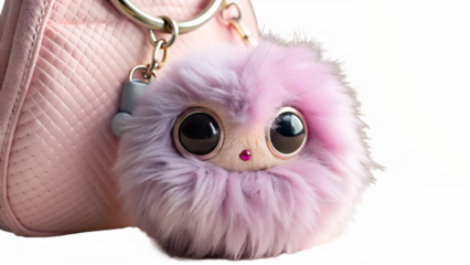 Cute fluffy purple creature keychain with big eyes attached to a pink handbag, a playful accessory isolated on transparent background