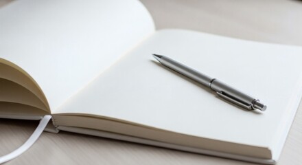 Open blank notebook with a silver pen resting on the clean white page, ready for writing or drawing
