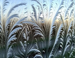 Frosted Window Glass with Intricate Ice Patterns at Sunrise