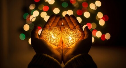 Obraz premium Hands Holding Heart Lights Bokeh Christmas Tree Background Warm Glow