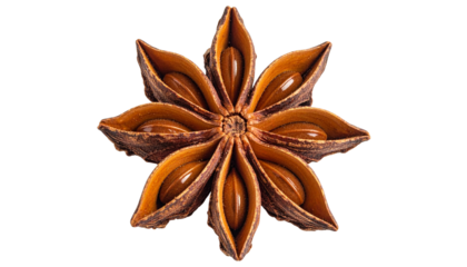 Macro Close-up of Dried Brown Star Anise Spice Pod Isolated on Transparent Background