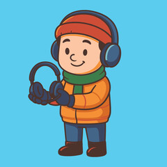 Smiling Cartoon Boy Holding Headphones Ready for Winter Weather.