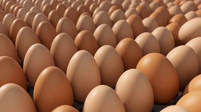 Rows of fresh brown and beige eggs, close-up texture. Perfect for breakfast, baking, nutrition, farm, or healthy eating concepts.